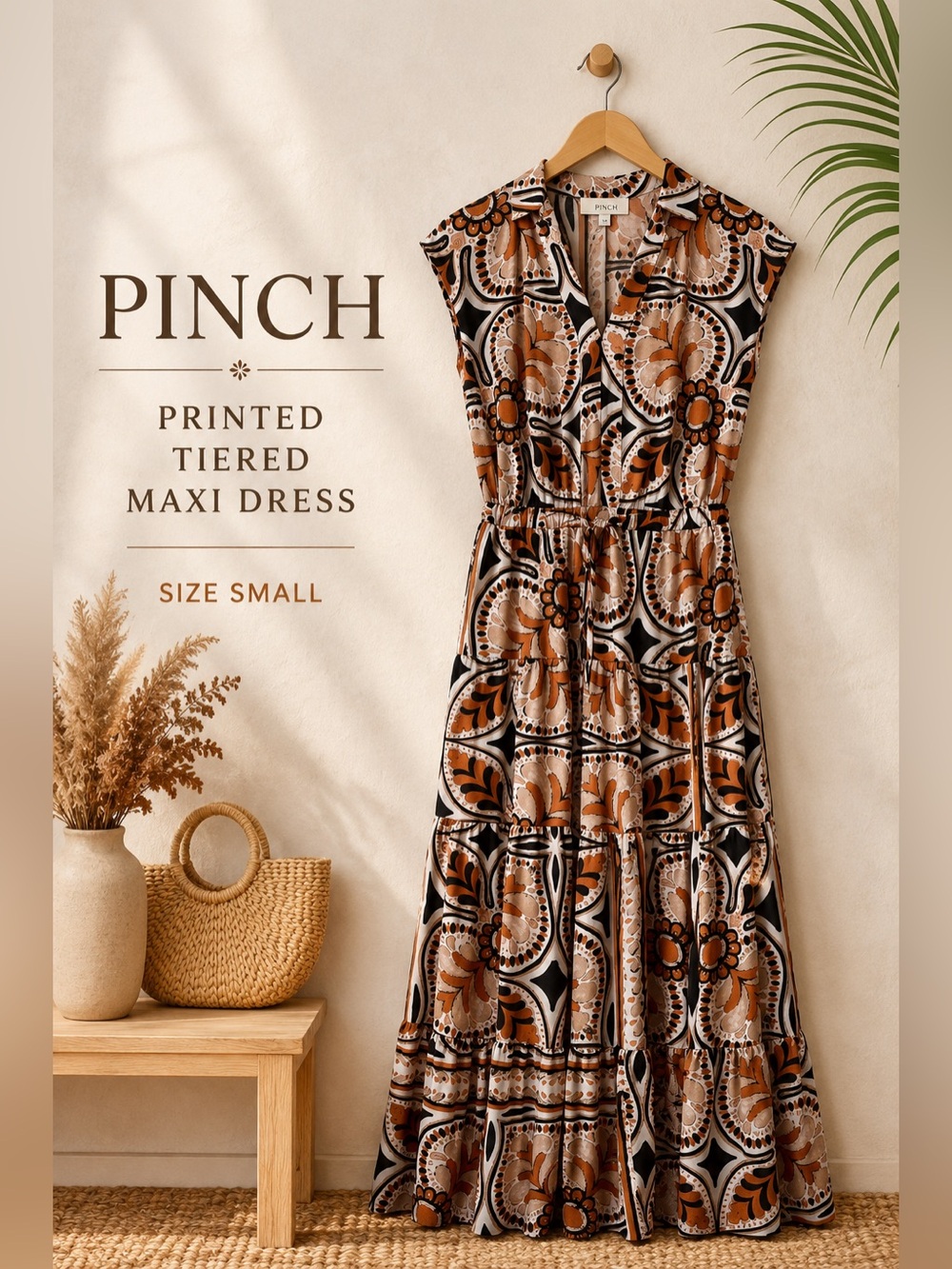 PINCH Printed Tiered Maxi Dress Size Small Brown Black Cream